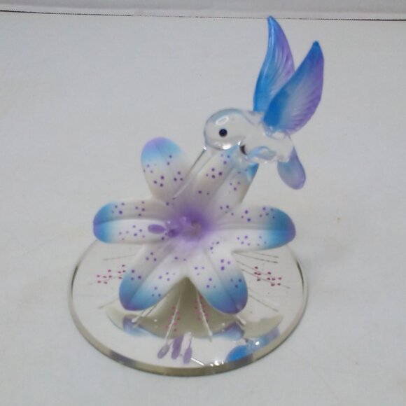 Glass Baron Hummingbird Blue Lily Mirrored Crystal Accents Air Brushed - Picture 1 of 15